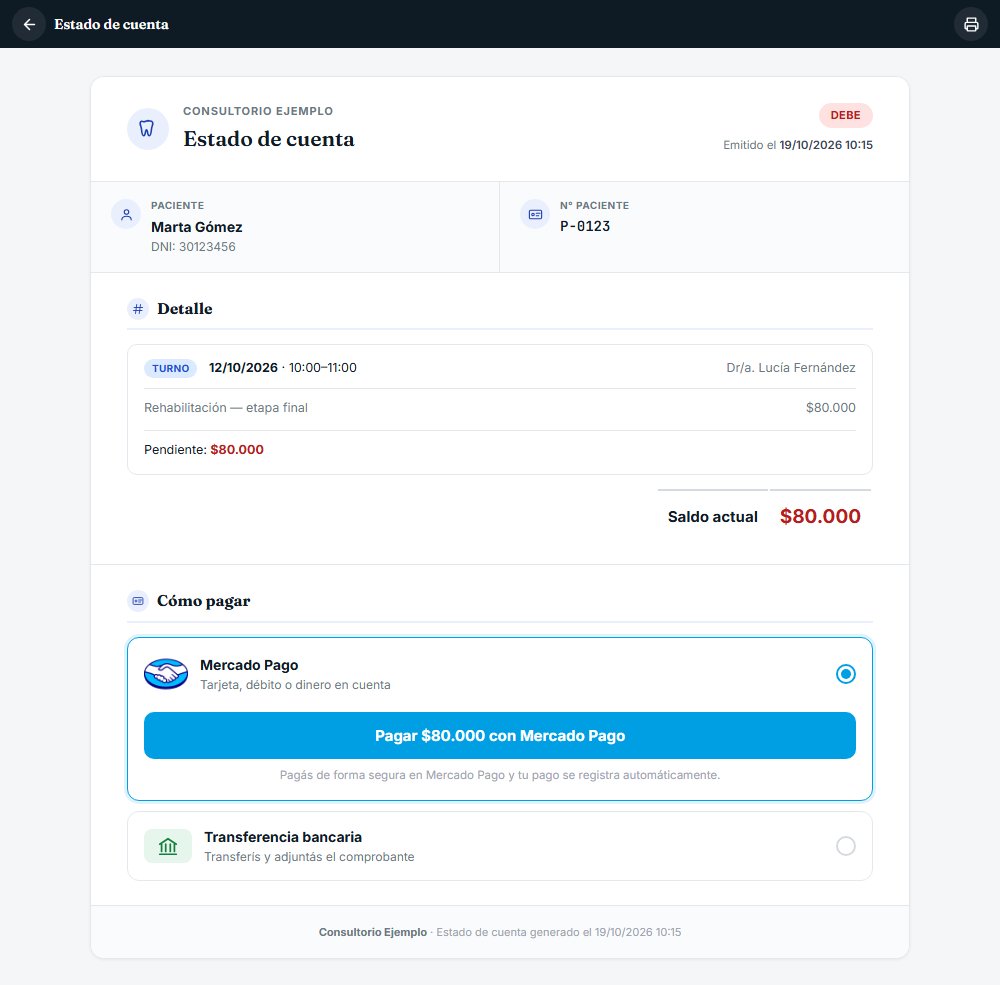 Estado de cuenta público de un paciente en DentalSoft con el detalle de un turno pendiente, el saldo actual de $80.000 y las opciones de pago con Mercado Pago o transferencia bancaria