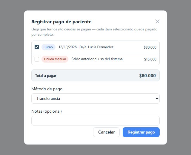 Ventana Registrar pago de paciente de DentalSoft con un turno seleccionado por $80.000, el total a pagar y el método de pago transferencia