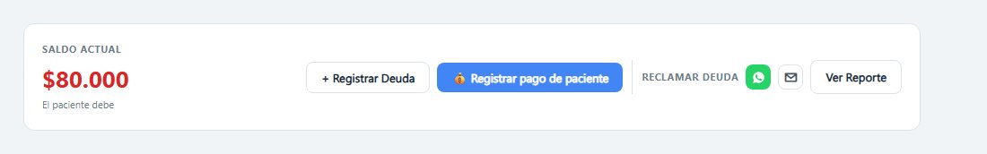 Tarjeta Saldo actual de la ficha de un paciente de DentalSoft con un saldo de $80.000 y los botones Registrar Deuda, Registrar pago de paciente, Reclamar deuda por WhatsApp o email y Ver Reporte