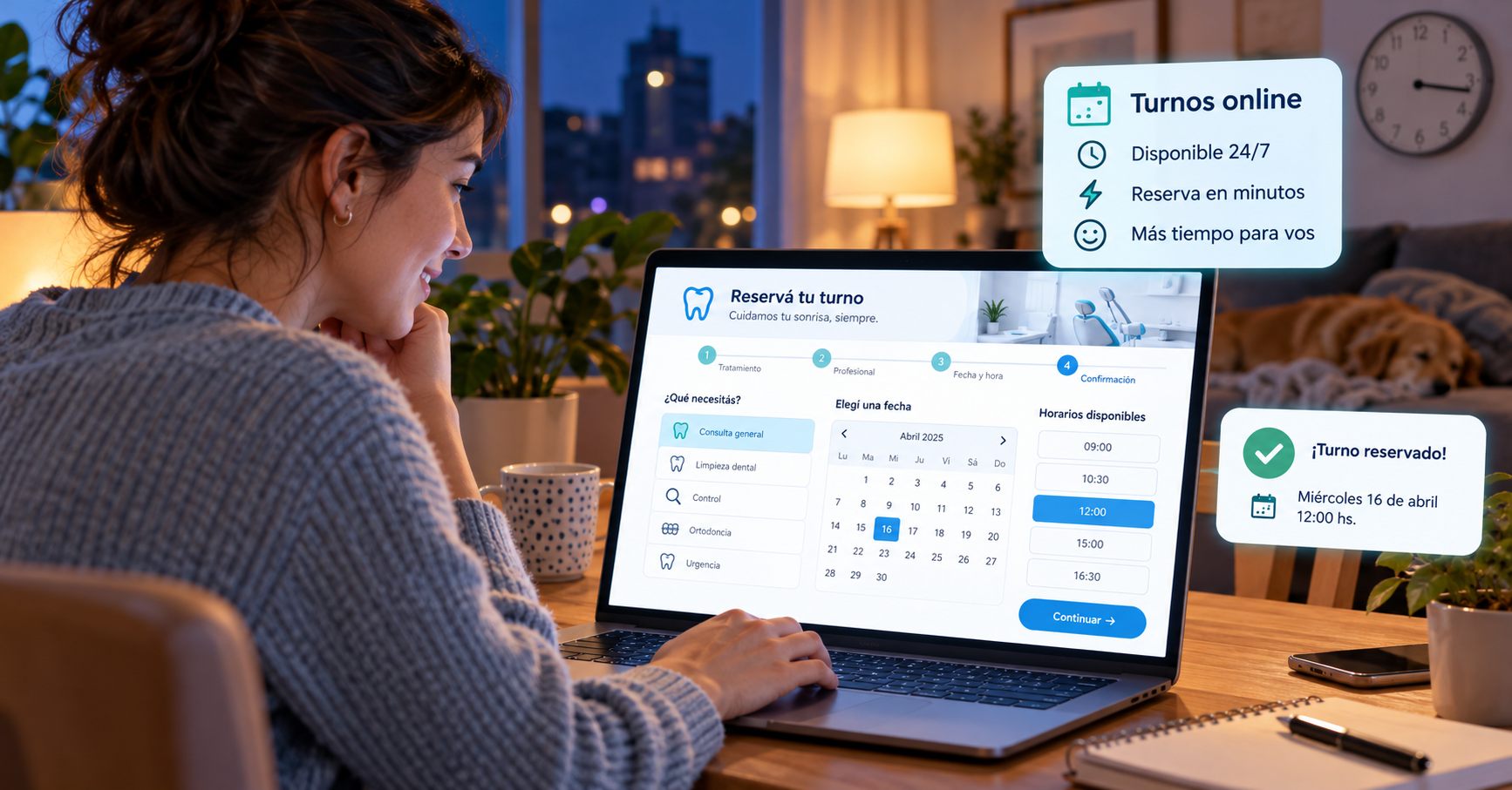 Paciente reservando un turno dental desde su casa, de noche, en una computadora portátil con la página de reserva online y un aviso de turno reservado