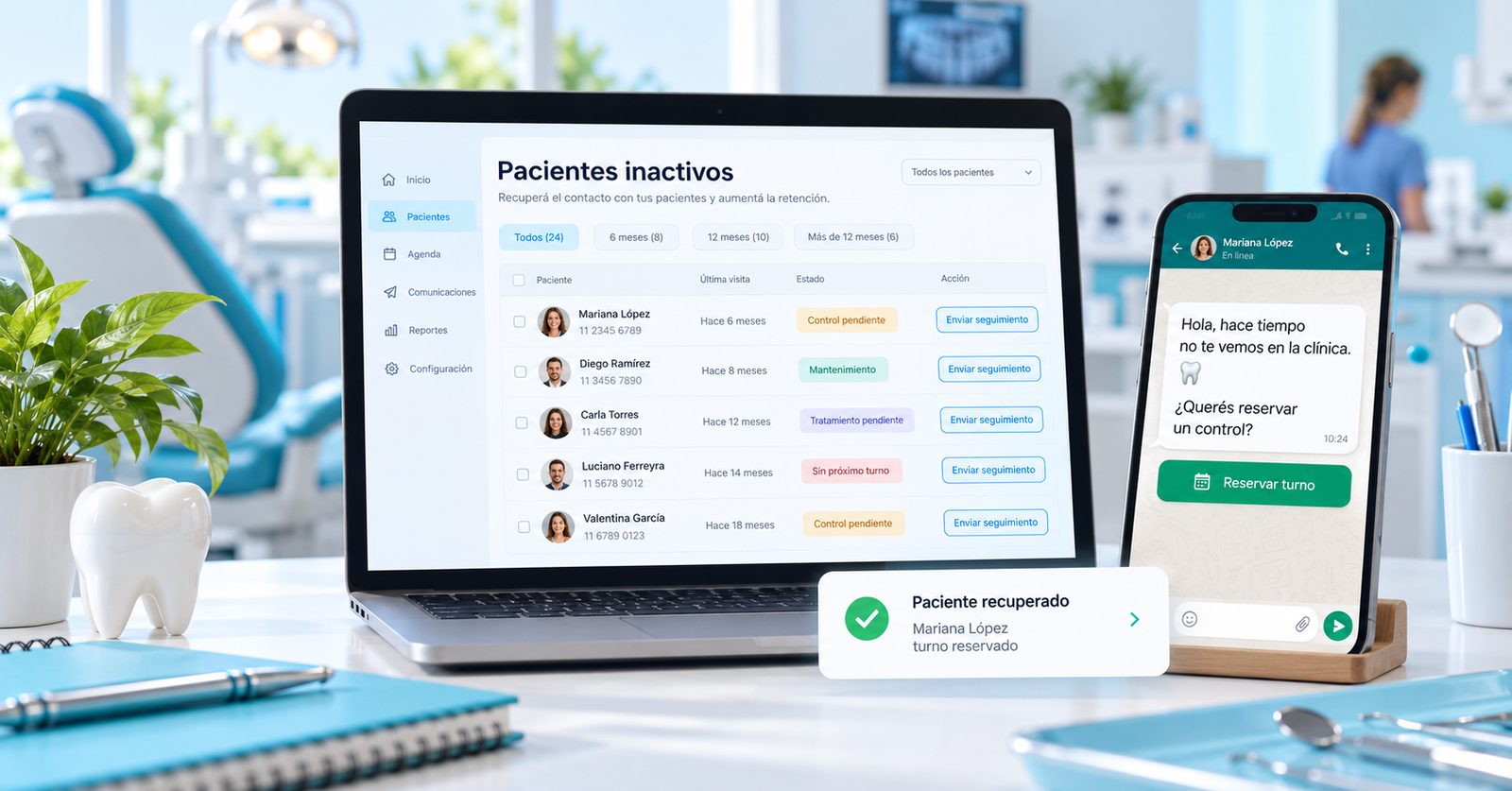 Ilustración conceptual de un consultorio odontológico con una laptop que muestra una lista de pacientes inactivos y un celular con un mensaje de WhatsApp que invita a reservar un turno