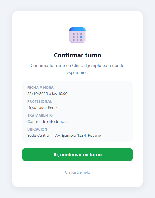 Pantalla de confirmación de turno de DentalSoft en un celular: fecha y hora, profesional, tratamiento, ubicación y botón para confirmar