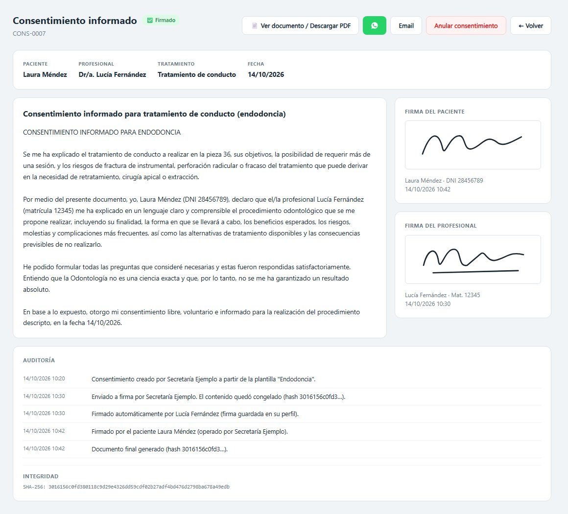 Detalle de un consentimiento informado firmado en DentalSoft con el texto, las firmas del paciente y del profesional, el registro de auditoría y el código SHA-256 de integridad