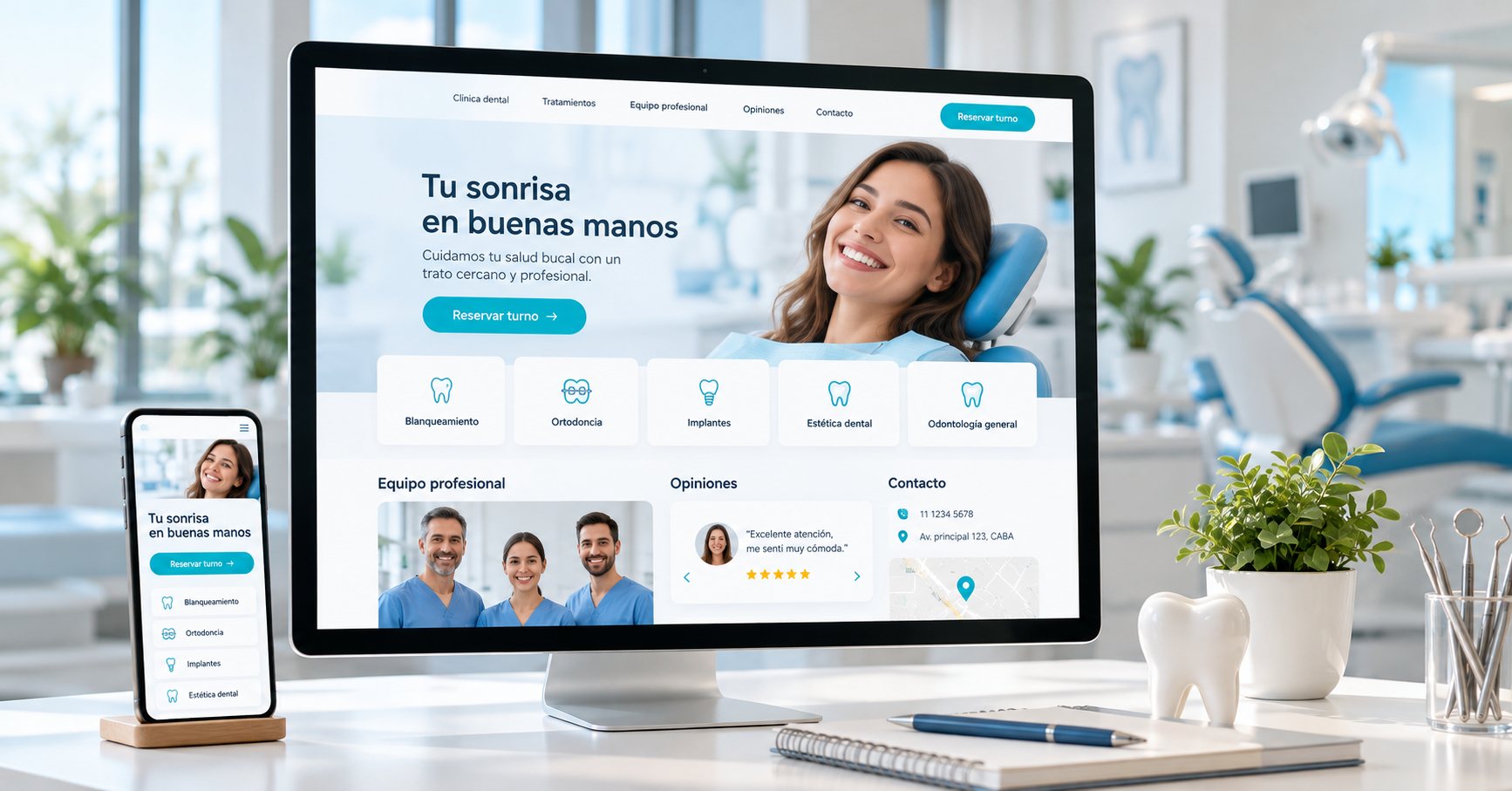 Página web de un consultorio odontológico vista en una computadora y en un celular, con portada, tratamientos, equipo profesional, opiniones y contacto, sobre un escritorio de clínica dental