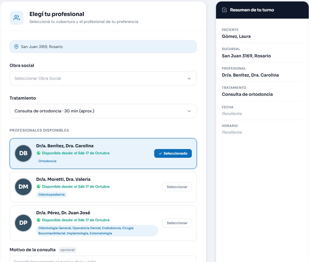 Paso 2 de la reserva online de DentalSoft: el paciente elige la obra social, el tratamiento y un profesional de la lista, cada uno con la fecha desde la que tiene turno disponible, mientras el resumen del turno se completa a la derecha
