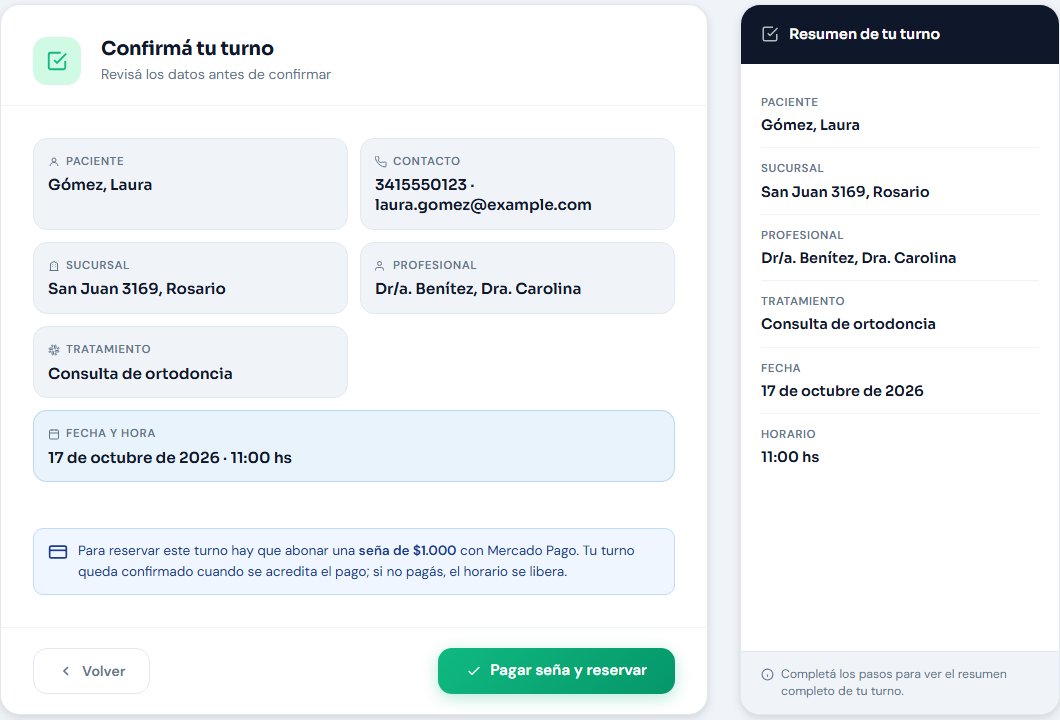 Paso final de la reserva online de DentalSoft con el resumen del turno, el aviso de seña con Mercado Pago y el botón Pagar seña y reservar