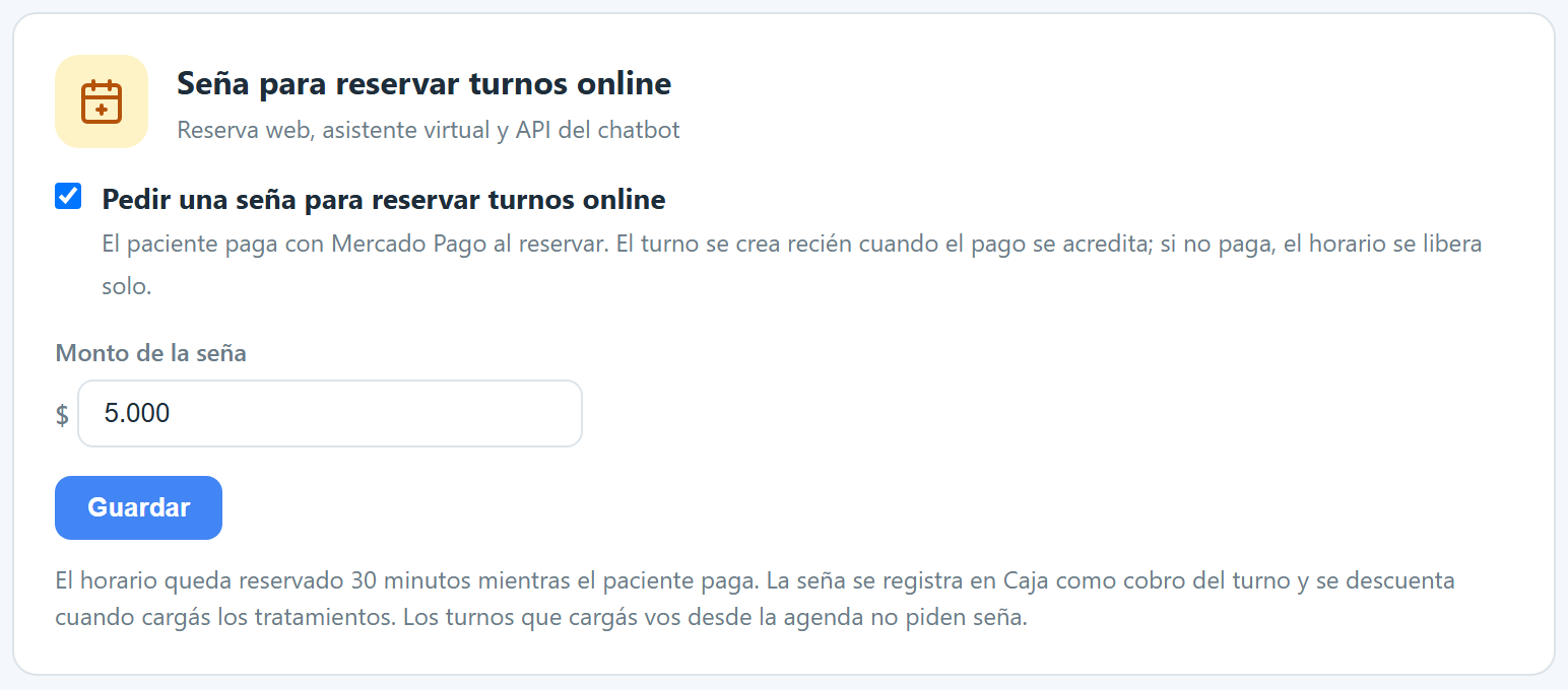 Tarjeta Seña para reservar turnos online en la configuración de DentalSoft, con la opción para pedir seña, el monto de 5.000 pesos y el aviso de que el horario queda reservado 30 minutos