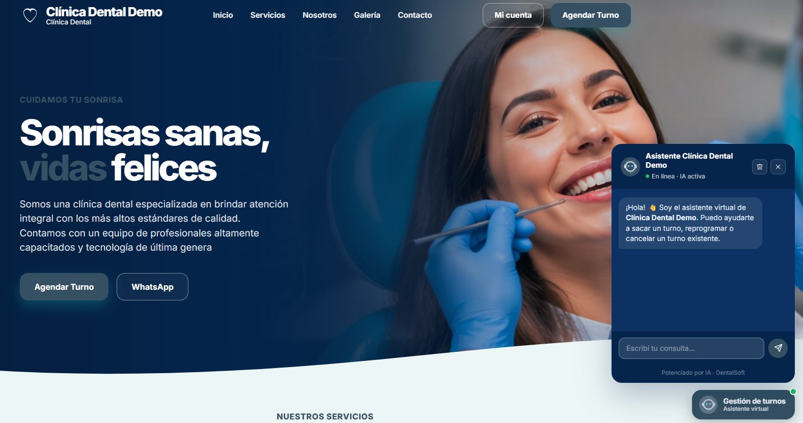 Asistente virtual de una clínica dental de demostración atendiendo a un visitante en la página web, con el mensaje de bienvenida