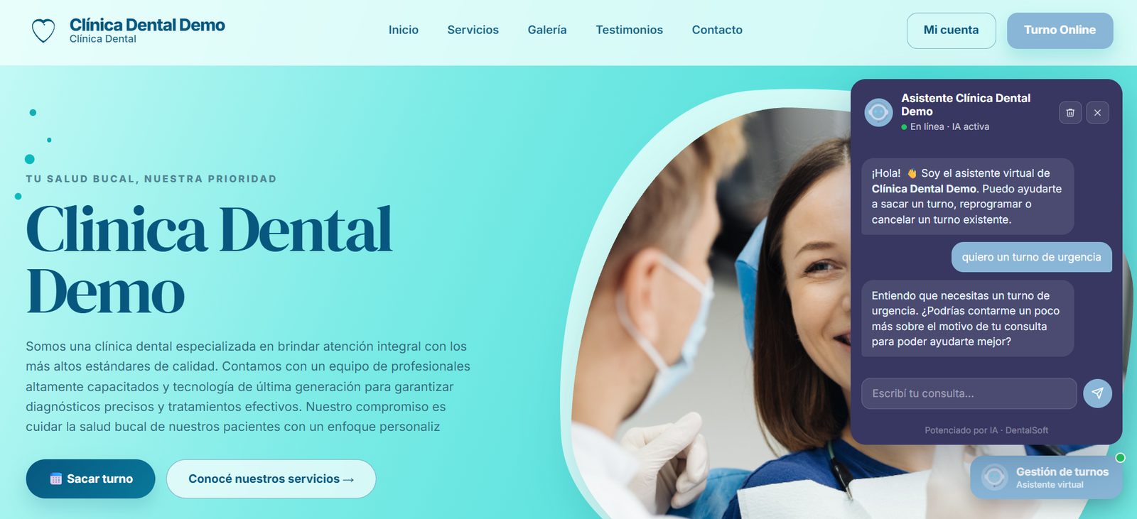 Página web de una clínica creada con DentalSoft, con los botones Turno Online y Sacar turno que llevan a la reserva de turnos