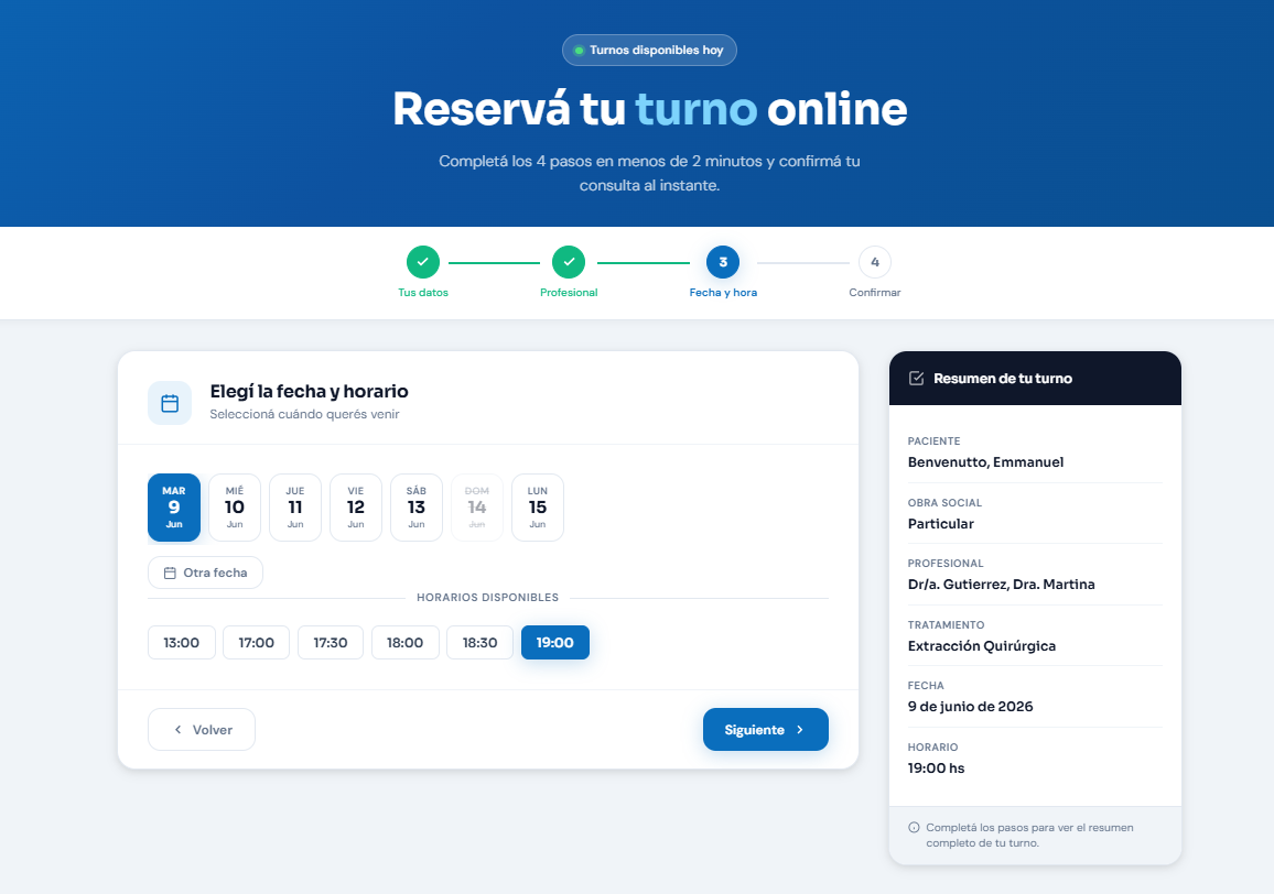 Reserva de turnos online de DentalSoft con los pasos Tus datos, Profesional, Fecha y hora y Confirmar